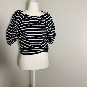 J.Crew Black White Striped Off Shoulder Puff Sleeve Top Size Small